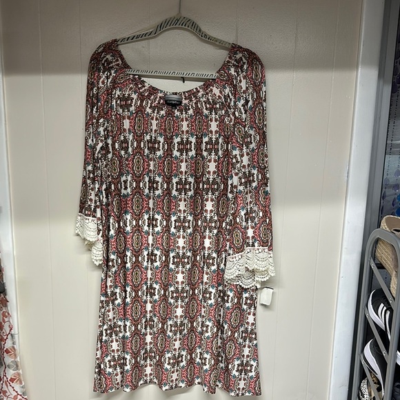 Allison Brittney Pink and Blue Sheath Midi Dress 3/4 Embroidered Sleeves - Picture 1 of 9